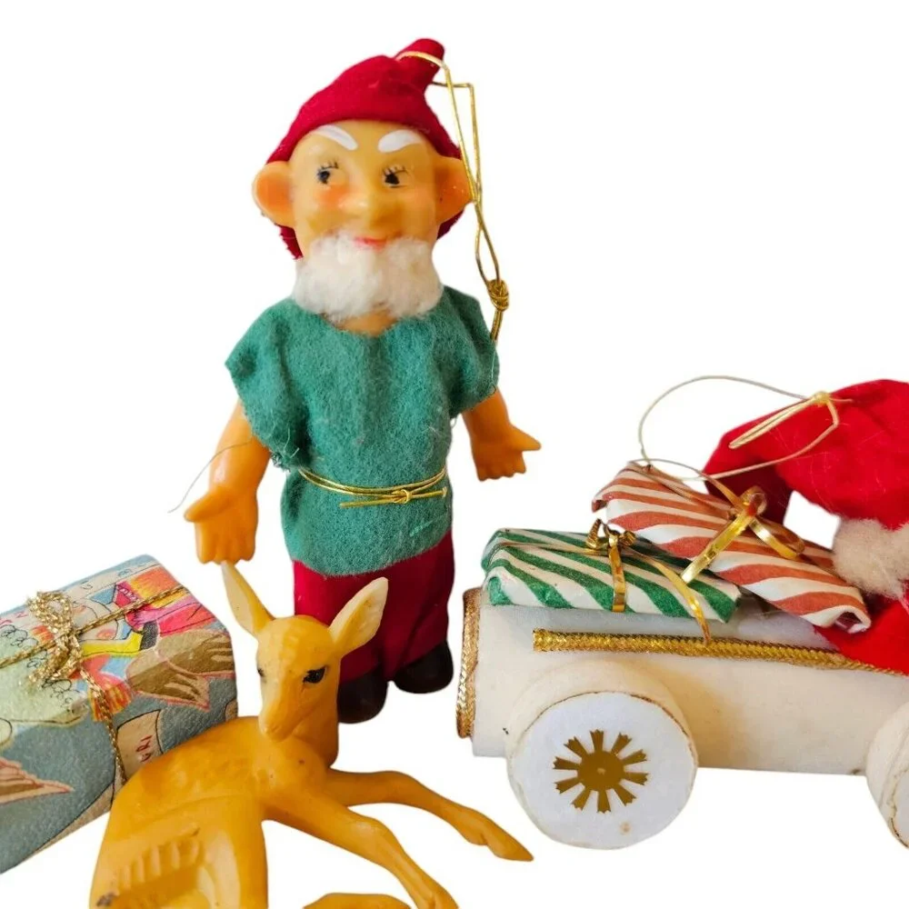 Vintage‎ MCM Kitschy Christmas Ornaments Decor Japan Santa Elf Deer Present